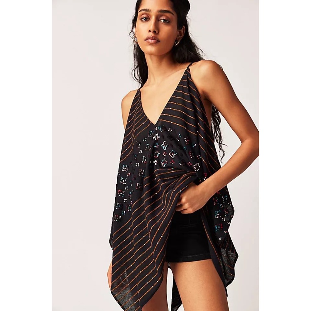 Free People Ibiza Haze Tank Top Sequin Embroidered Handkerchief Hem Small